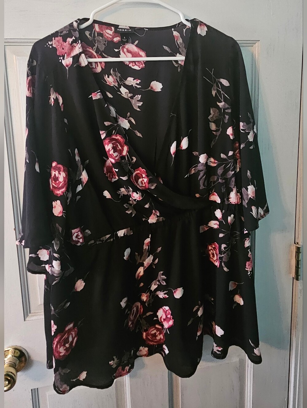 Torrid Black Floral Wrap Top with Pink Rose Print